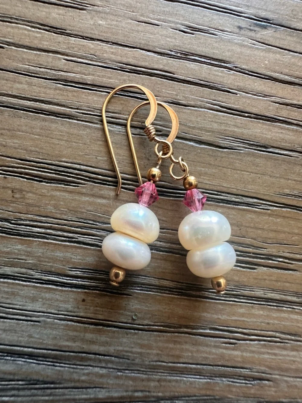 14k Gold Filled Freshwater Pearl Dangle Earrings Pink Crystal Accent Drop